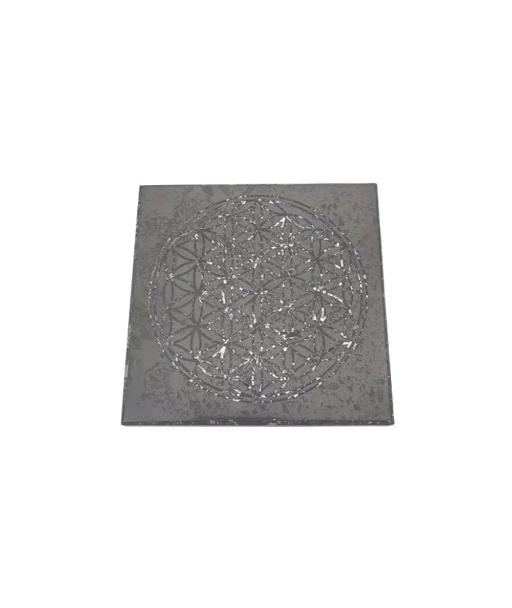 Shungite - Plaque 1 Face Polie Gravée - Fleur de Vie